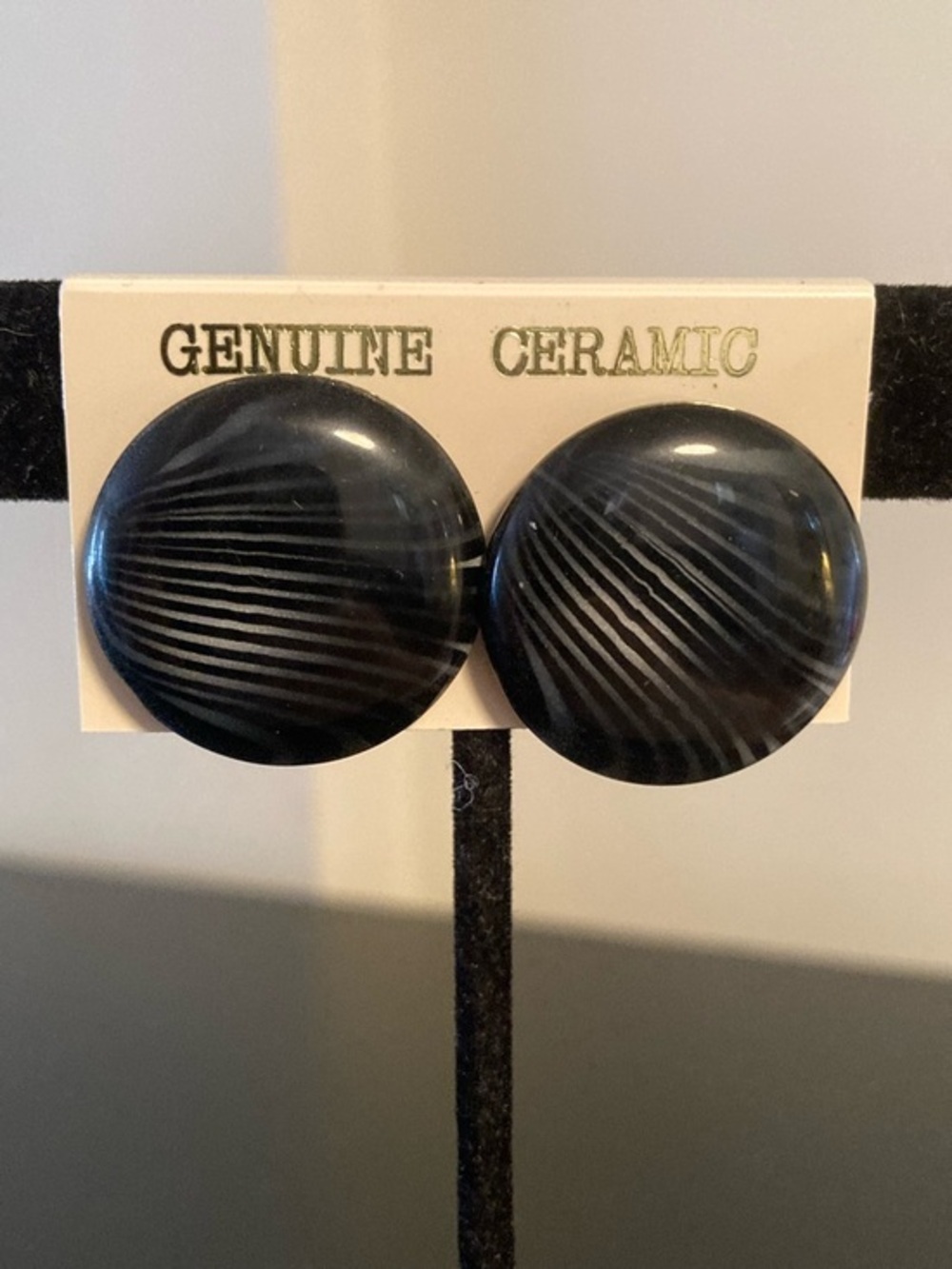 Round Black Striped Ceramic Stud Earrings